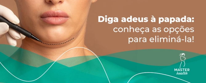 Imagem mostrando o rosto de uma mulher, focando na papada com uma caneta preta riscando linhas pontilhadas no local