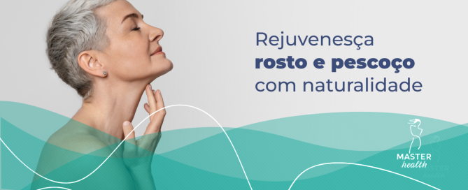 Imagem mostrando o rosto de uma mulher mais velha de perfil, ela está esticando o pescoço e com uma das mãos tocando nele